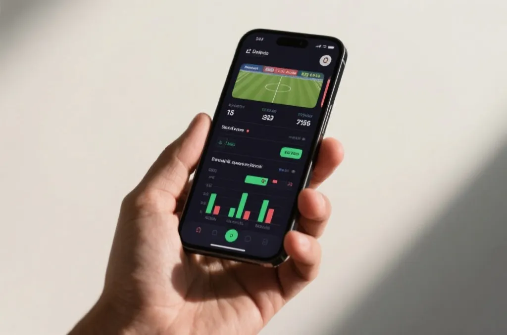 A smartphone display showing a modern sports application interface with clean data graphics, neutral background, editorial style