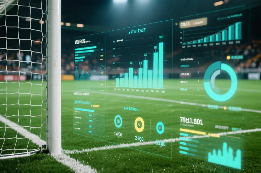 Close-up of a soccer pitch with digital overlay of statistical charts and performance metrics