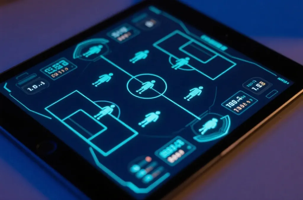 A close-up of a high-tech tablet showing a glowing soccer tactical board with digital player icons and statistics