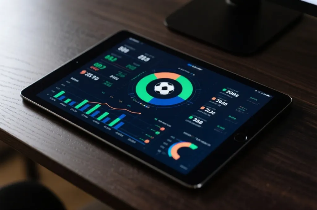 A close-up of a tablet screen displaying abstract soccer statistics, match data charts, and player performance graphs